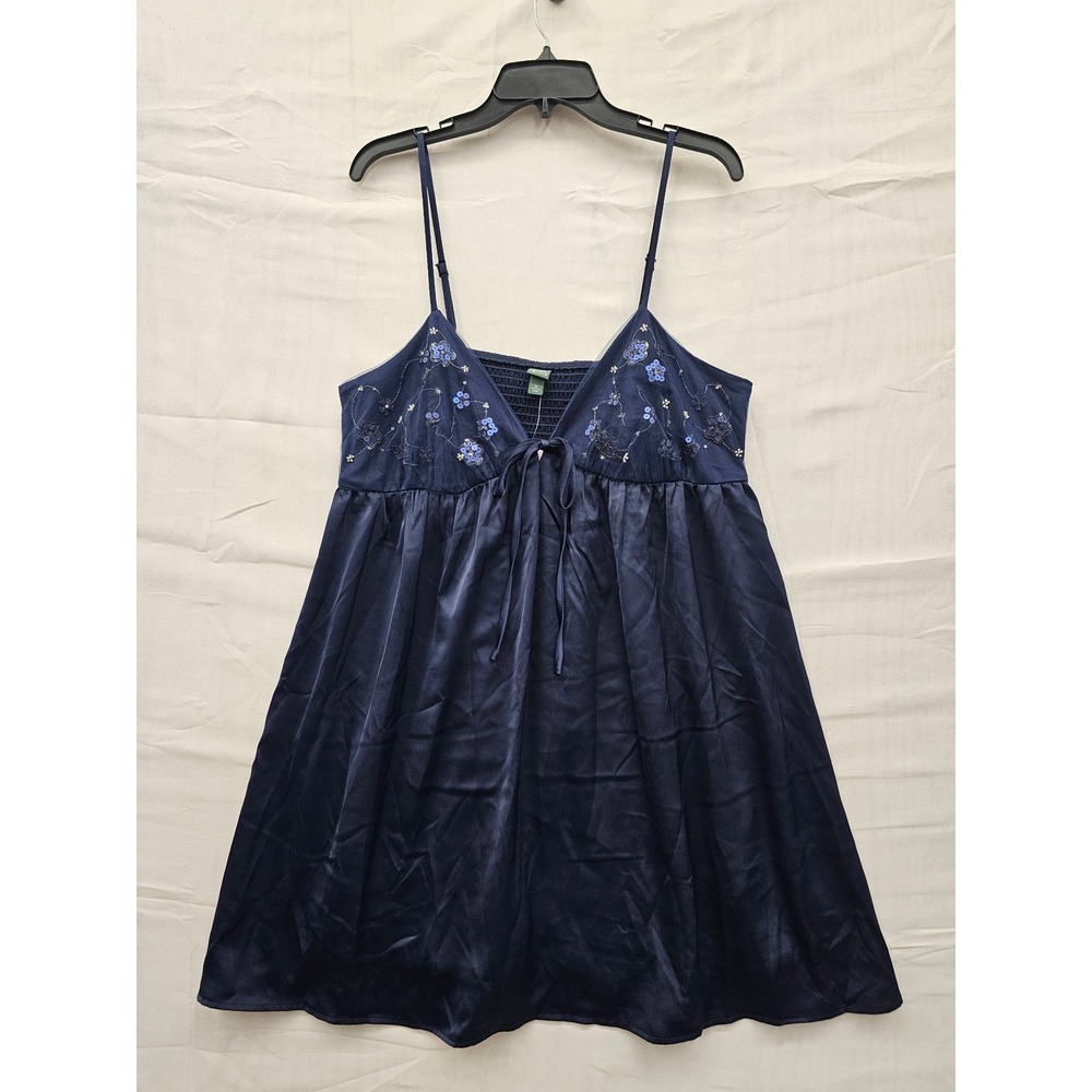 Wild‎ Fable Navy Blue Satin Floral Embroidered Babydoll Chemise Nightgown XL NWT